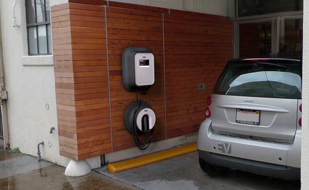 Smart car parked in a garage near an electric vehicle charger